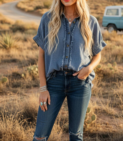 Faryn Frayed Denim Top