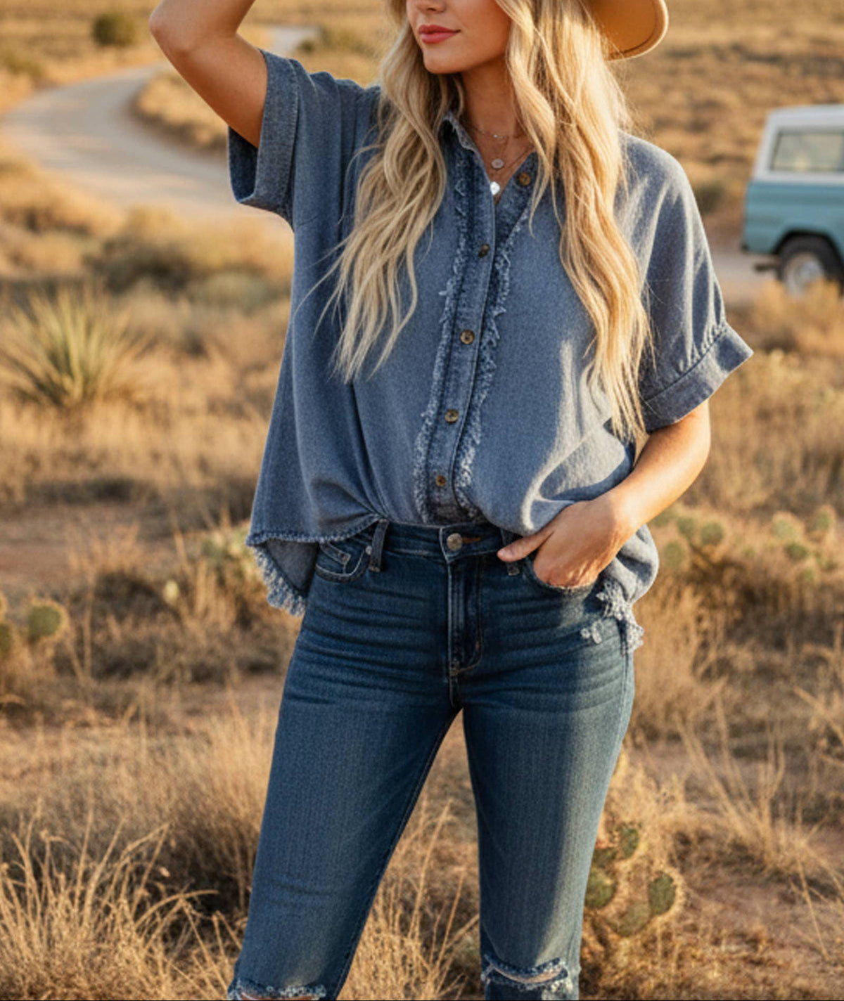 Faryn Frayed Denim Top